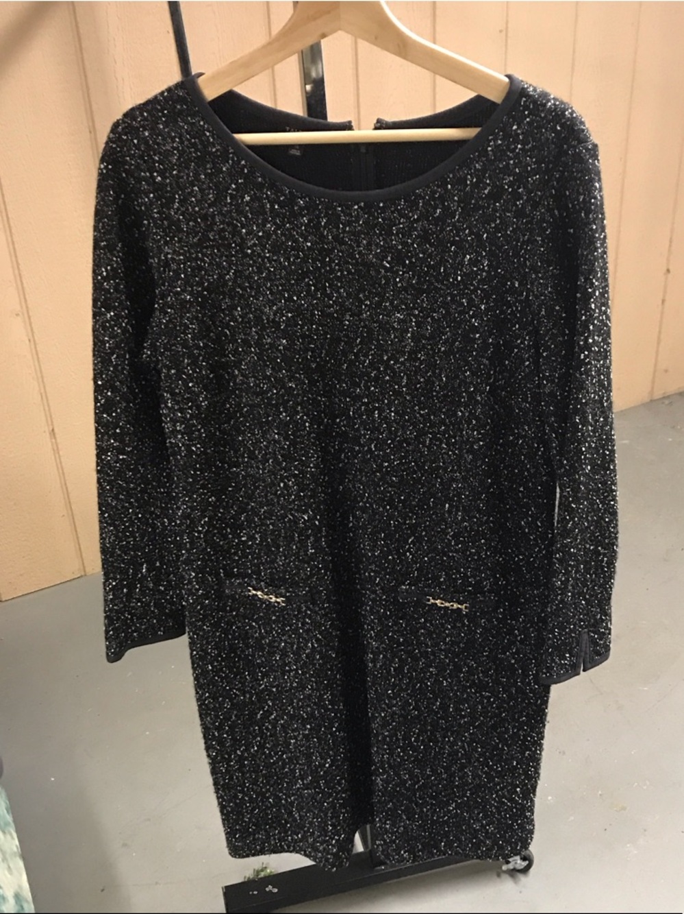 Talbots Black Sparkle Long-Sleeve Shift Dress with Pocket Chains